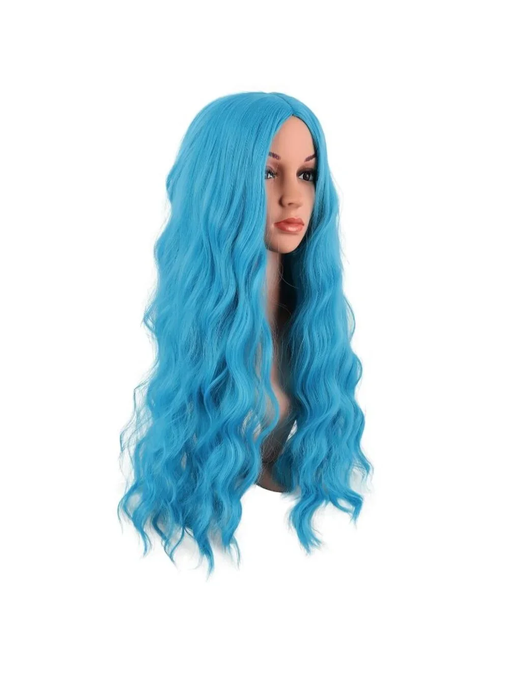 Women's Cyan Blue 28 Inch Synthetic Fiber Long Middle Part Curly Cosplay Wigs